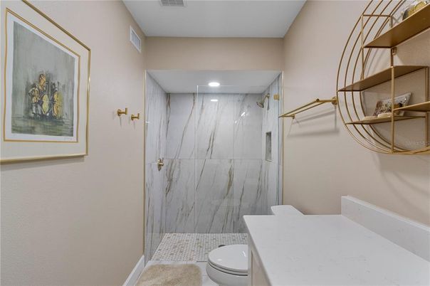 Bathroom, Glass Shower, Interior, Marble Walls, Recessed Lighting