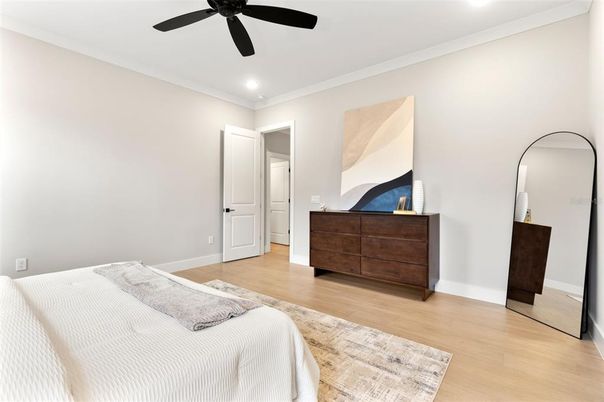 Bedroom, Interior, Recessed Lighting, Wood Texture Flooring