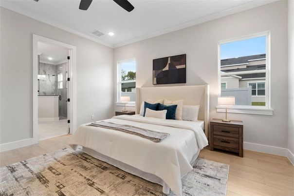 Bathroom, Bedroom, Glass Shower, Interior, Recessed Lighting, Wood Texture Flooring