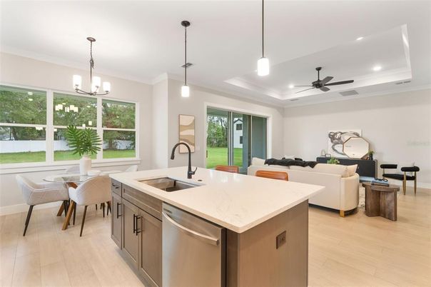 Dining room, Interior, Kitchen, Living room, Pendant Lights, Recessed Lighting, Wood Texture Flooring