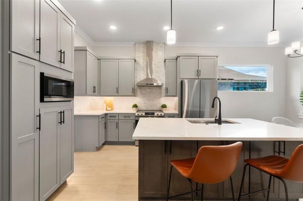 Interior, Kitchen, Pendant Lights, Recessed Lighting, Stainless Steel Appliances, Wood Texture Flooring
