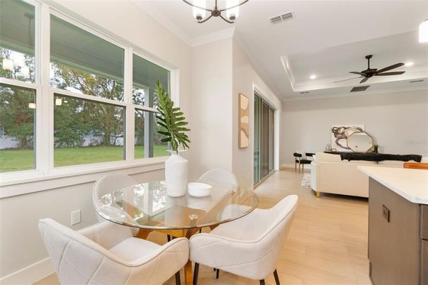 Dining room, Interior, Living room, Recessed Lighting, Wood Texture Flooring
