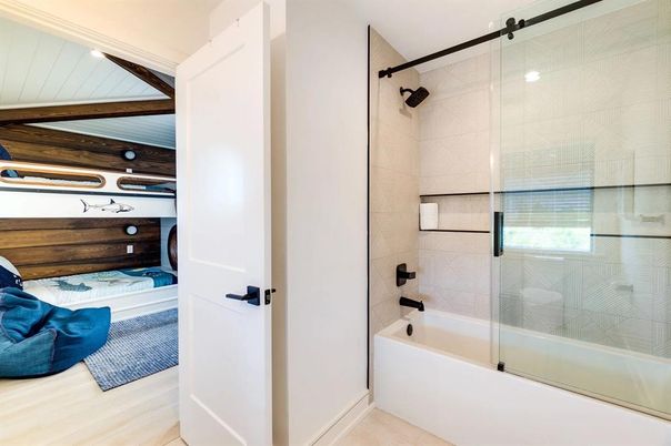Bathroom, Bedroom, Glass Shower, Interior, Wooden Beams, Wood Texture Flooring