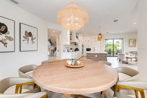 Chandelier, Dining room, Interior, Kitchen, Living room, Pendant Lights, Recessed Lighting, Stainless Steel Appliances, Wood Texture Flooring