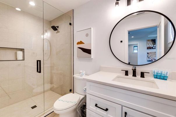 Bathroom, Glass Shower, Interior, Recessed Lighting
