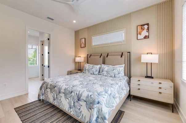 Bedroom, Interior, Recessed Lighting, Wood Texture Flooring