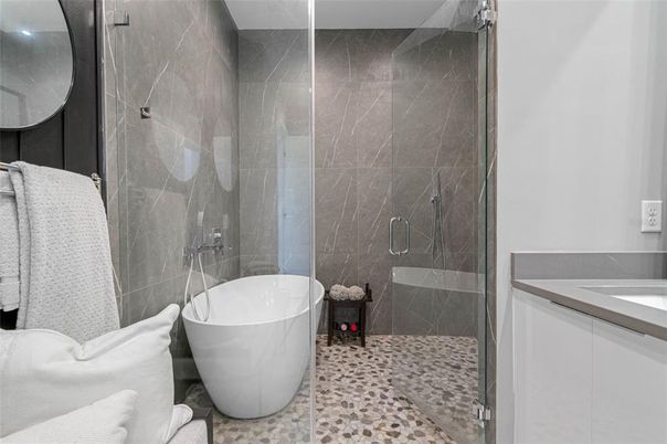 Bathroom, Free Standing Baths, Glass Shower, Interior, Marble Walls