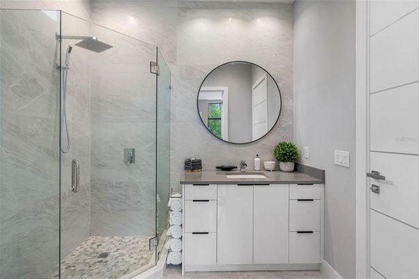 Bathroom, Glass Shower, Interior, Marble Walls, Recessed Lighting