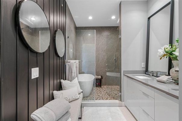 Bathroom, Free Standing Baths, Glass Shower, Interior, Marble Walls, Recessed Lighting