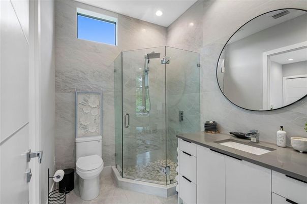 Bathroom, Glass Shower, Interior, Marble Walls, Recessed Lighting
