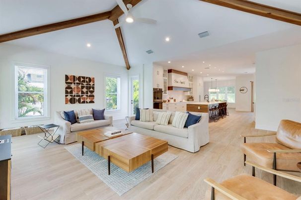 Interior, Kitchen, Living room, Pendant Lights, Recessed Lighting, Wood Texture Flooring