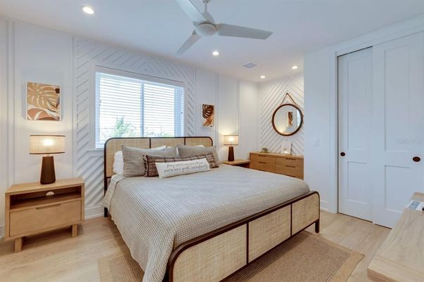 Bedroom, Interior, Recessed Lighting, Wood Texture Flooring