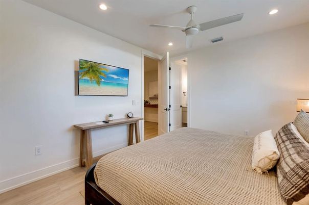 Bedroom, Interior, Recessed Lighting, Wood Texture Flooring