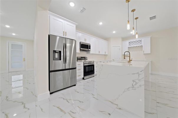 Interior, Kitchen, Marble, Pendant Lights, Recessed Lighting, Stainless Steel Appliances