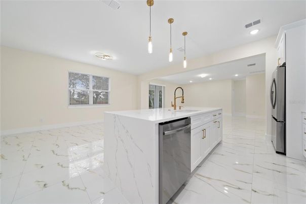 Interior, Kitchen, Marble, Pendant Lights, Recessed Lighting