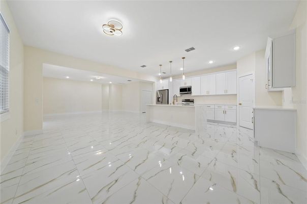 Interior, Kitchen, Marble, Pendant Lights, Recessed Lighting, Stainless Steel Appliances