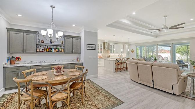 Dining room, Interior, Kitchen, Living room, Pendant Lights, Recessed Lighting, Wood Texture Flooring