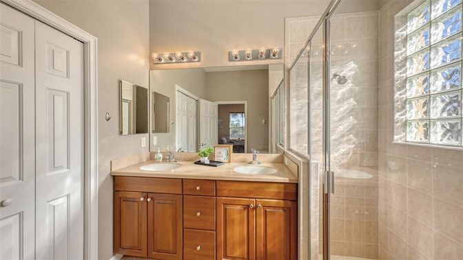 Bathroom, Dual Sink Vanities, Glass Shower, Interior