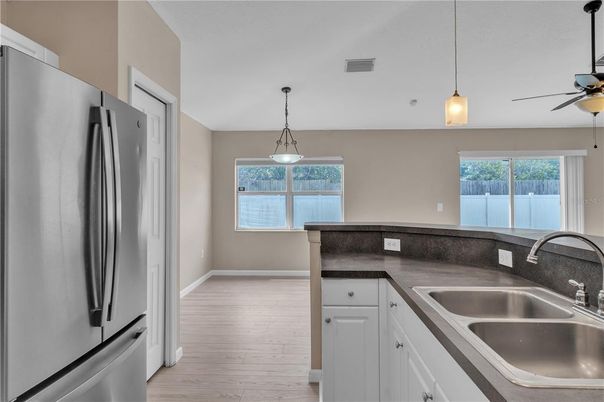 Interior, Kitchen, Pendant Lights, Wood Texture Flooring