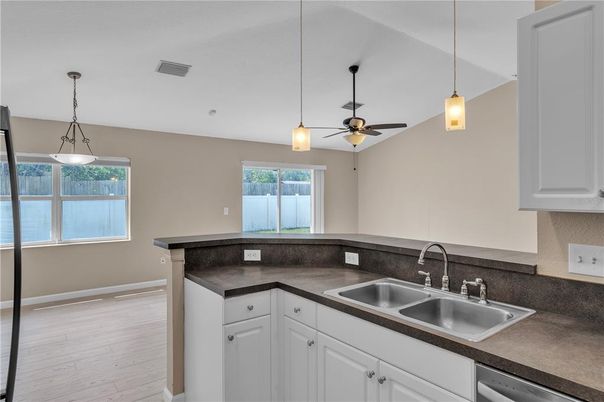 Interior, Kitchen, Pendant Lights, Wood Texture Flooring