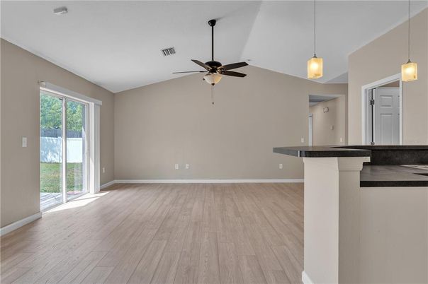 Empty room, Interior, Pendant Lights, Wood Texture Flooring