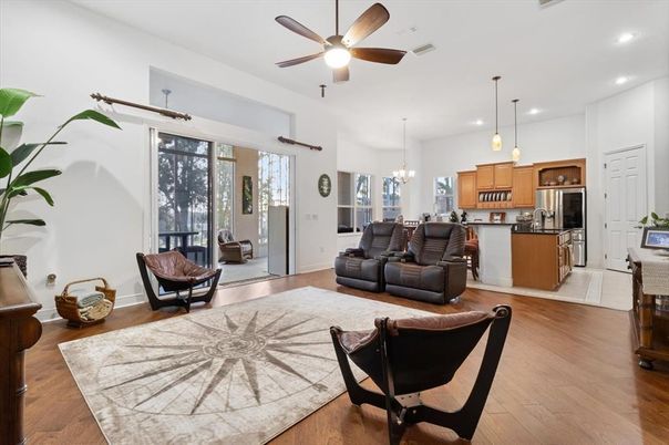 Interior, Kitchen, Living room, Pendant Lights, Recessed Lighting, Stainless Steel Appliances, Wood Texture Flooring