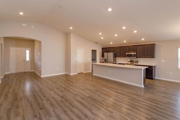 Empty room, Interior, Kitchen, Recessed Lighting, Wood Texture Flooring