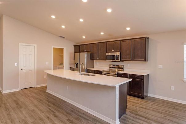 Interior, Kitchen, Recessed Lighting, Stainless Steel Appliances, Wood Texture Flooring