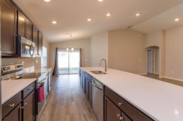Interior, Kitchen, Pendant Lights, Recessed Lighting, Stainless Steel Appliances, Wood Texture Flooring