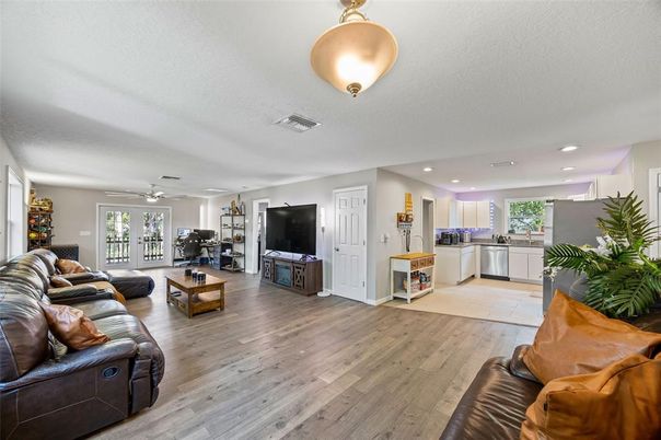 Interior, Kitchen, Living room, Recessed Lighting, Wood Texture Flooring