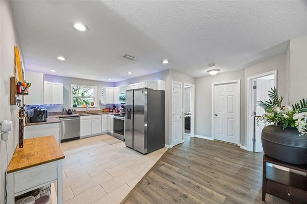 Interior, Kitchen, Recessed Lighting, Stainless Steel Appliances, Wood Texture Flooring