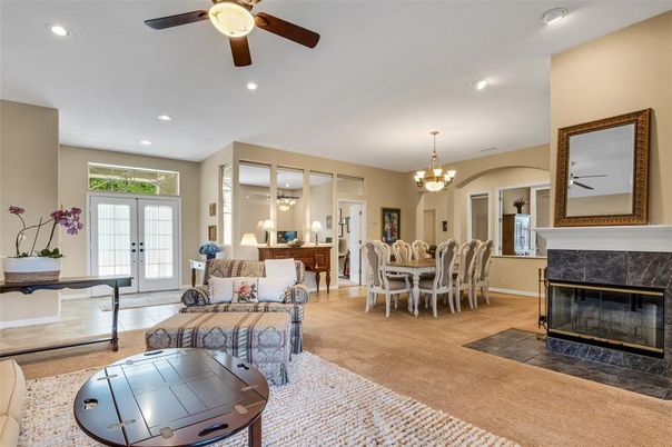 Chandelier, Dining room, Fireplace, Interior, Living room, Recessed Lighting