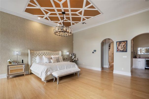 Bedroom, Chandelier, Interior, Recessed Lighting, Wood Texture Flooring