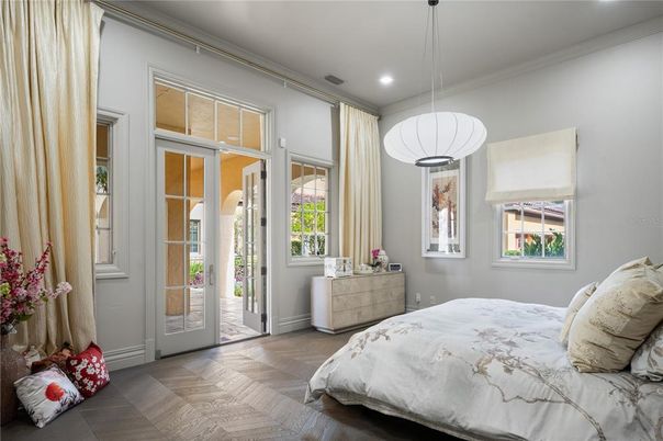 Bedroom, Interior, Pendant Lights, Recessed Lighting, Wood Texture Flooring