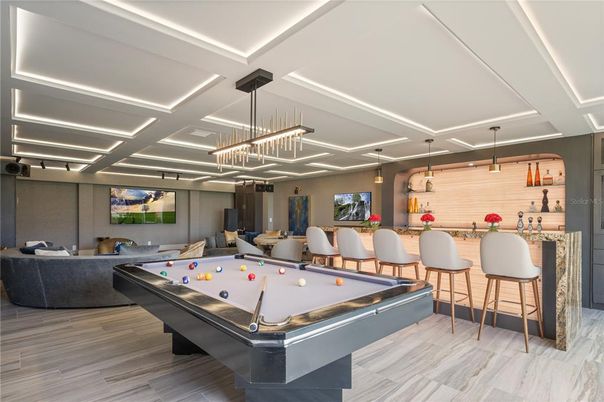 Billiard Table, Game Room, Interior, Pendant Lights, Recessed Lighting, Wood Texture Flooring