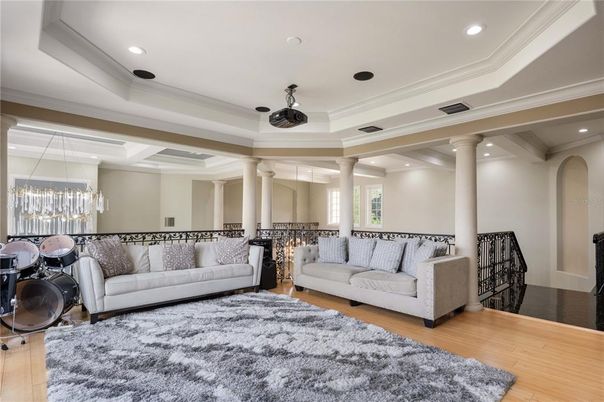 Chandelier, Dining room, Interior, Living room, Recessed Lighting, Wood Texture Flooring