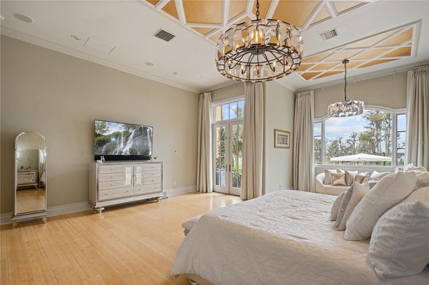 Bedroom, Chandelier, Interior, Pendant Lights, Wood Texture Flooring