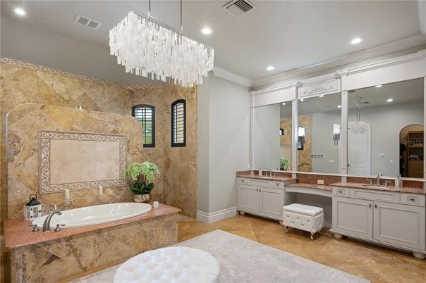 Bathroom, Chandelier, Dual Sink Vanities, Interior, Recessed Lighting