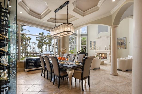Chandelier, Dining room, Fireplace, Interior, Living room, Pendant Lights, Piano, Recessed Lighting