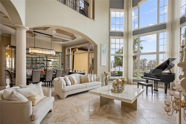 Chandelier, Dining room, Interior, Living room, Pendant Lights, Piano, Recessed Lighting