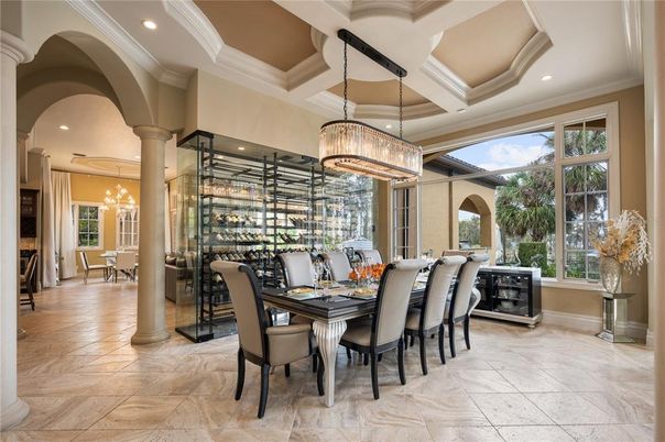 Chandelier, Dining room, Interior, Recessed Lighting, Wine Storage