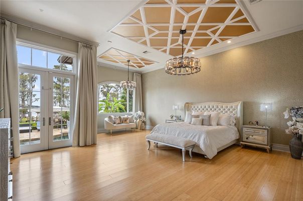 Bedroom, Chandelier, Interior, Pendant Lights, Recessed Lighting, Wood Texture Flooring