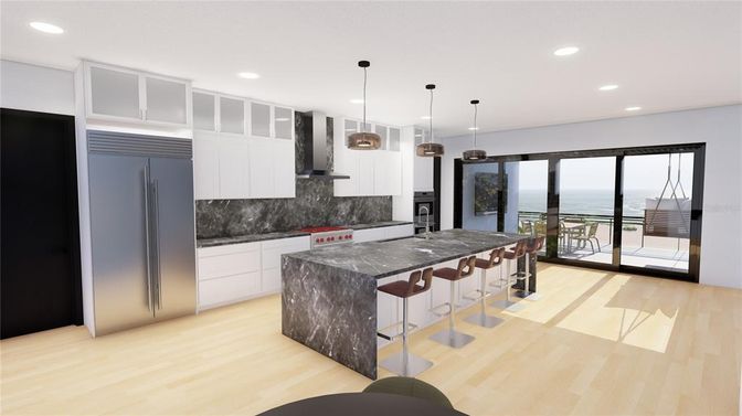 Interior, Kitchen, Pendant Lights, Recessed Lighting, Water, Wood Texture Flooring