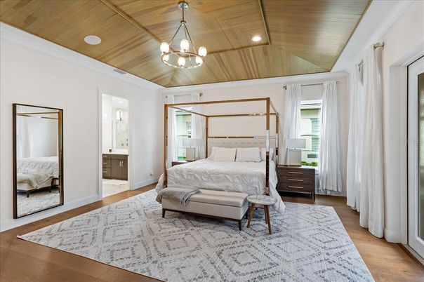 Bedroom, Chandelier, Interior, Pendant Lights, Recessed Lighting, Wooden Ceilings, Wood Texture Flooring