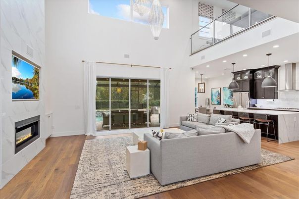 Fireplace, Interior, Kitchen, Living room, Pendant Lights, Recessed Lighting, Wood Texture Flooring