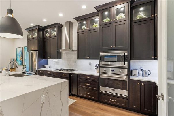 Interior, Kitchen, Pendant Lights, Recessed Lighting, Stainless Steel Appliances, Wood Texture Flooring