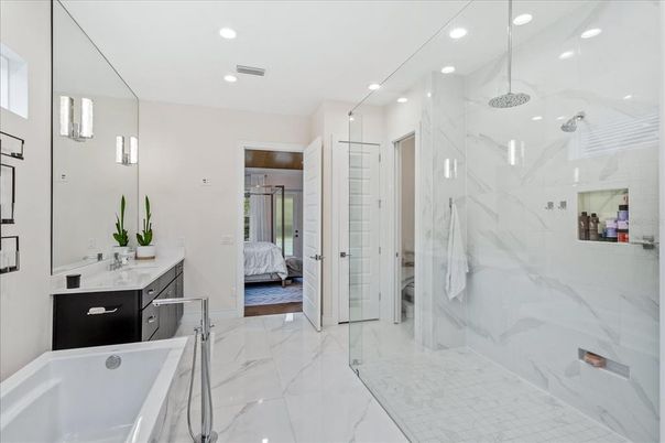 Bathroom, Bedroom, Glass Shower, Interior, Marble, Marble Walls, Recessed Lighting
