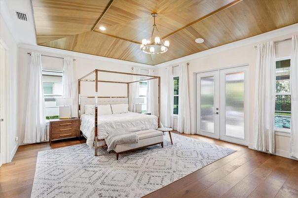 Bedroom, Chandelier, Interior, Pendant Lights, Recessed Lighting, Wooden Ceilings, Wood Texture Flooring