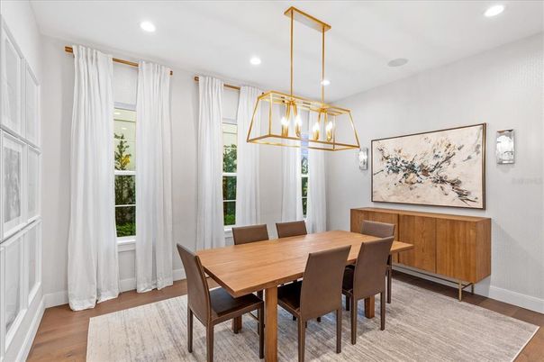 Dining room, Interior, Pendant Lights, Recessed Lighting, Wood Texture Flooring