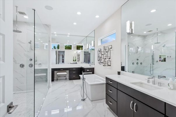 Bathroom, Dual Sink Vanities, Free Standing Baths, Glass Shower, Interior, Marble, Marble Walls, Recessed Lighting